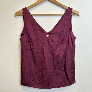 Rebecca Taylor Silky Satin V-Neck Sleeveless Tank Top Crystals Burgundy Wine